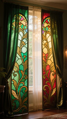 Stained glass curtains creating colorful light patterns indoors  