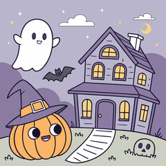 Halloween Coloring Page Cute Pumpkin, Ghost, Witch, Bat & Haunted House coloring page