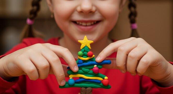 Joyful child creating clay christmas tree craft for holiday fun