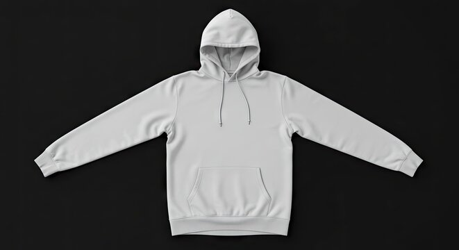 A plain white hoodie is centered spread out on a black background It features a hood strings a pocket  elastic cuffs