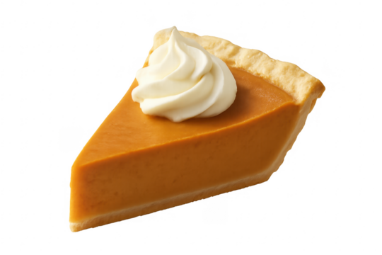 Pumpkin pie slice with whipped cream on transparent background