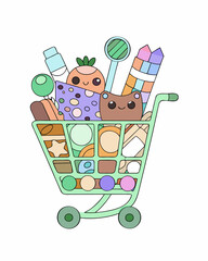 Shopping cart filled with groceries and gifts icon vector illustration