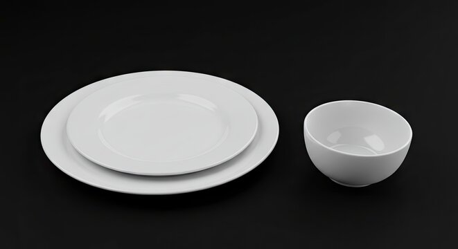 Two white plates are stacked next to a small white bowl against a dark background - Powered by Adobe