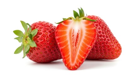 Vibrant Fresh Strawberries: One Halved, Revealing Juicy Red Interior on Crisp White Background