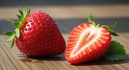 Luscious Ripe Strawberries with Water Droplets on Wooden Surface, Close-Up Macro
