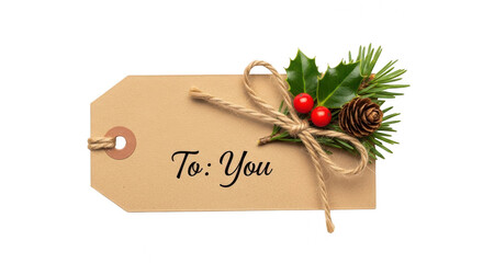 Christmas gift tag with holly and pine isolated on transparent background for gift
