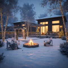 Warm Campfire in a Snowy Modern Backyard Setting