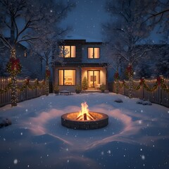 Suburban Christmas Night Scene with Winter Decorations