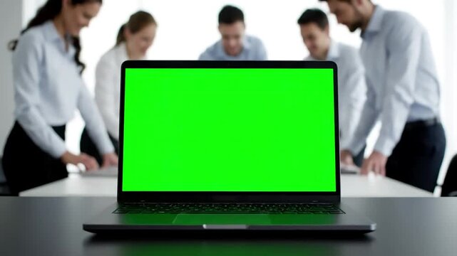 Green Screen laptop computer set in front of workgroup scene 1 with distortion, overlay, glitch, static noise, scan lines on black background, 4k animated video loop