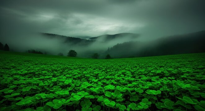 vibrant field of emerald green shamrocks stretches towards dark, foggy landscape with misty hills. moody, monochromatic st. patrick's day concept. background, banner with copyspace.