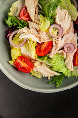 Salad chicken meat and vegetables tomato, green leaf lettuce, onion natural product tasty snack fresh delicious gourmet food background on the table rustic top view copy space keto and paleo diet