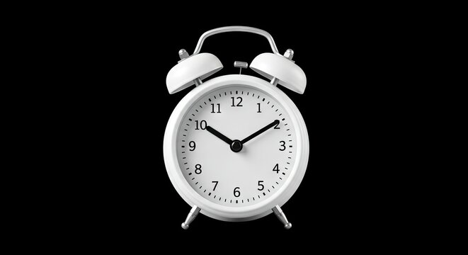 A white twin bell alarm clock showing 1011 against a black background - Powered by Adobe