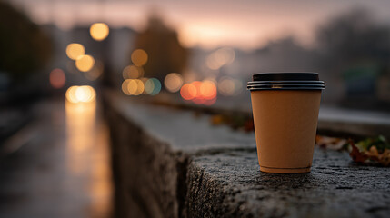 A cup of take-out coffee on a wall next to a city street at dawn