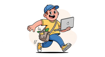 Naklejka premium Energetic Freelancer Running with Laptop and Coffee for On-the-Go Work