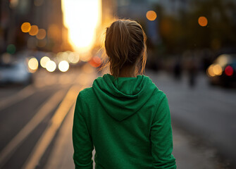 A girl in a green hoodie walks through the city early in the morning