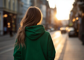 A girl in a green hoodie walks through the city early in the morning