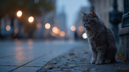 A cat stands by the road in the city at early dawn