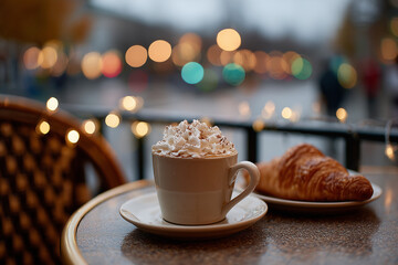 Coffee with whipped cream and croissant on the cafe table at early dawn in the city