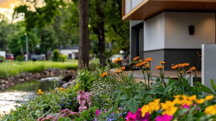Fototapeta premium Idyllic Home Garden with Flowing Creek and Vibrant Floral Display Front