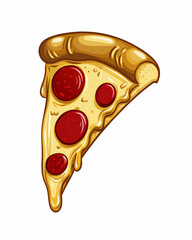 Vector illustration of a delicious Italian pepperoni pizza slice with cheese and tomato on a white background