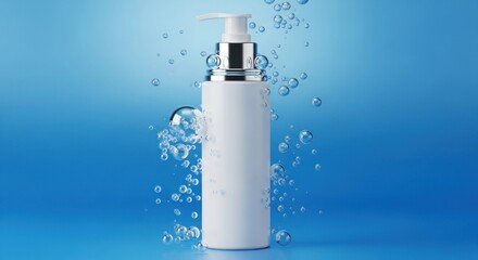 Pristine White Skincare Bottle with Chrome Pump Amidst Effervescent Bubbles