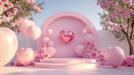 Charming Valentine's Day display with pink hearts and roses for romantic concept