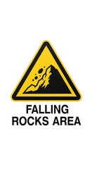 Obraz premium Falling rocks area warning sign safety precaution for landslides and rockfalls on mountain roads