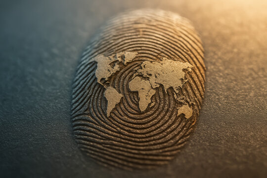 Fingerprint with world map design representing global identity concept