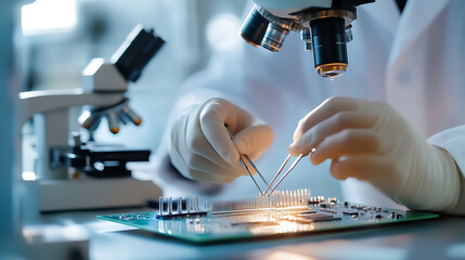 Close-up of a technician working on a circuit board under a microscope, showcasing precision & expertise in a clean lab environment. Future technology shown.