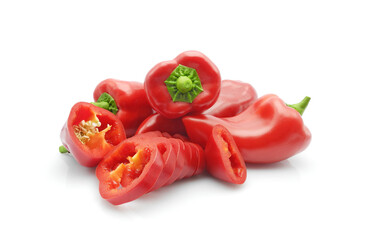 Organic fresh red paprika or sweet bell pepper, whole and sliced, isolated on white background	