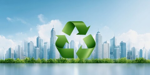 Circular Economy Initiatives concept. A vibrant city skyline features a large green recycling symbol, highlighting sustainability amidst modern architecture and nature.