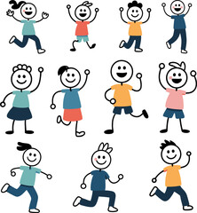 Stick figure kids running and playing vector illustration happy children cartoon art design