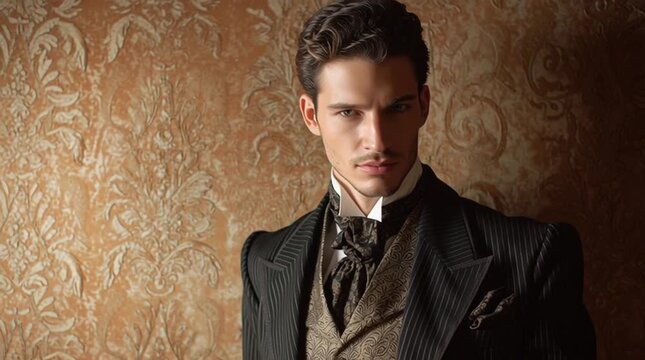 un hombre atractivo rubio con vestimenta antigua de epoca elegante y varonil posando mirando a la camara sobre un fondo vintage color beige con ornamentos 