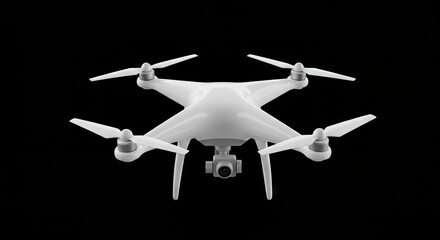 White drone with four propellers and camera centered on a black background