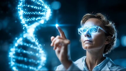 Scientist interacts with glowing blue DNA helix in futuristic lab - Powered by Adobe
