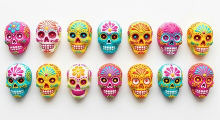 Colorful day of the dead sugar skulls aligned in a row for mexican celebration design