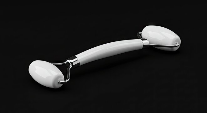 White facial roller with chrome details on a black surface