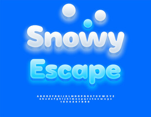 Vector Holiday poster Snowy Escape. Glowing White Font. Winter Rounded Alphabet Letters and Numbers set