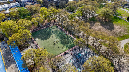 Aerial landscape of Manhattan skyline from Sunset Park Borough Park Brooklyn in New York City NY
