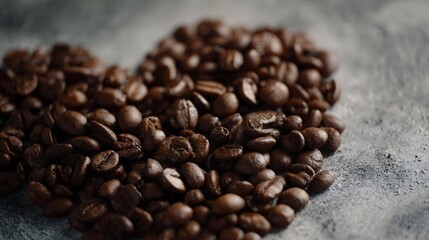Obraz premium Close up of dark roasted coffee beans arranged in a heart shape on a textured gray surface with a cinematic feel