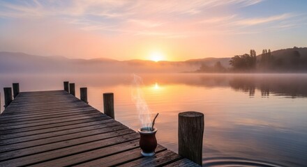 Serene Sunrise Ritual with Steaming Mate Tea on a Misty Lake Dock