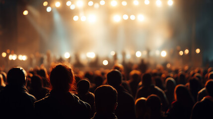 A concert crowd enjoying the music with vibrant stage lights, capturing the energetic atmosphere and shared experience of the show.