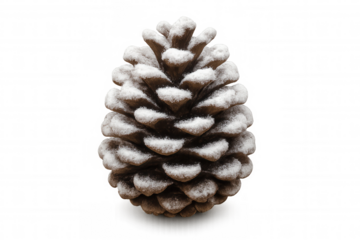 Pine cone covered in snow, creating a winter holiday decoration. Cutout object on a transparent background