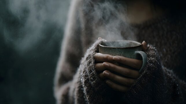 Close up of hands in a cozy sweater holding a steaming mug of hot beverage