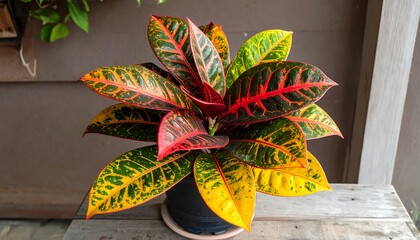 A vibrant croton plant with striking multi-colored leaves, displaying yellow, green, and red hues, rests on a rustic wooden surface