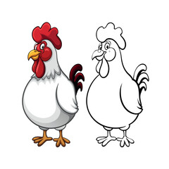 This cartoon vector illustration depicts a funny farm poultry family with a hen, rooster, and cute chicks isolated on white