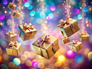 Floating golden gift boxes with ribbons against a bokeh background of colorful lights and sparkles