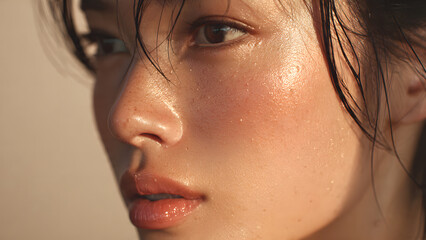 Close-Up Portrait of a beautiful young Asian woman with glowing, dewy skin