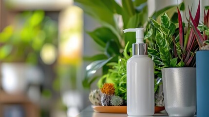 Modern Home Spa Concept: Liquid Soap Bottle Surrounded by Indoor Plants