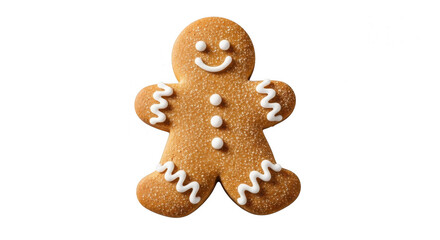 Gingerbread man isolated on transparent background with icing details and smile
